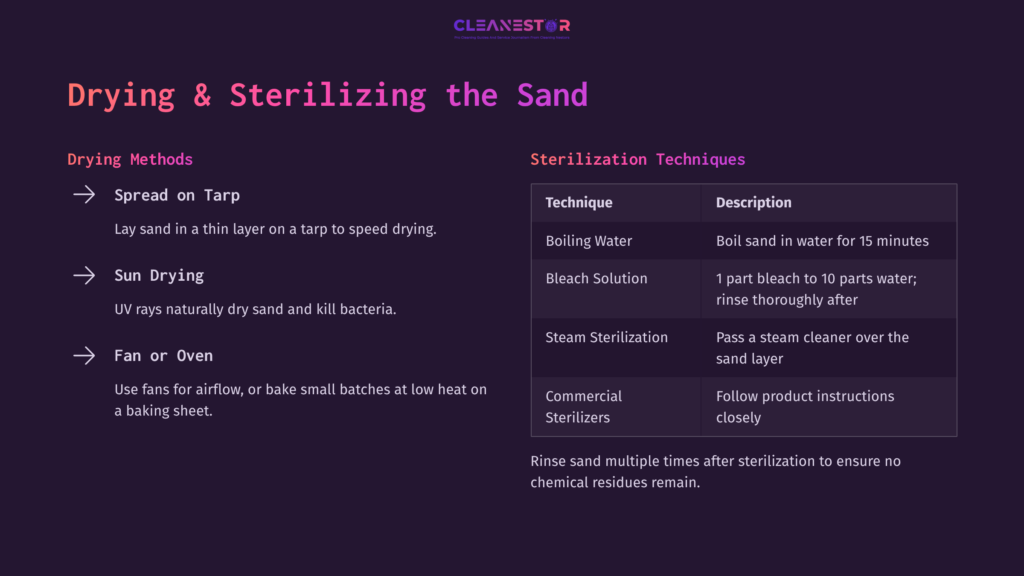 Dark Purple Background With White Text Detailing Methods For Drying And Sterilizing Play Sand, Including Boiling Water And Bleach Solutions.