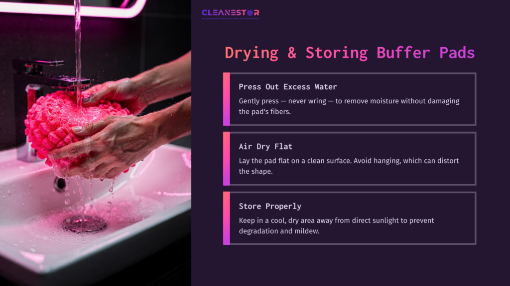 A Person Rinses A Pink Buffer Pad In A Sink, With Highlighted Text Beside Outlining Steps For Drying And Storing Buffer Pads.