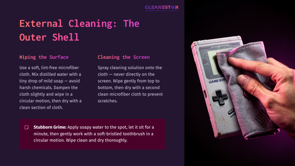 A Person Holding A Game Boy, With A Microfiber Cloth And Cleaning Solution On A Dark Purple Background, Detailing Cleaning Steps.