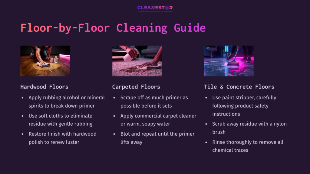 Step-By-Step Cleaning Guide Featuring Tips For Removing Primer From Hardwood, Carpeted, And Tile/Concrete Floors, With Purple And Pink Accents.