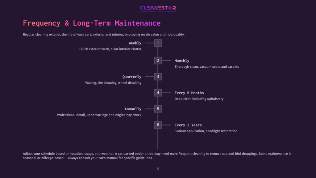 A Dark Purple Graphic Displays &Quot;Frequency &Amp; Long-Term Maintenance&Quot; With A Timeline Of Car Cleaning Services: Weekly, Monthly, Quarterly, Every 6 Months, Annually, And Every 2 Years, Detailing Specific Tasks For Each Interval.