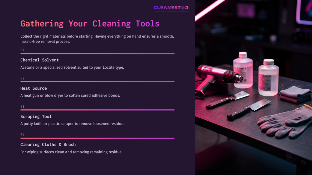 A Toolkit Featuring A Heat Gun, Chemical Solvent Bottles, A Plastic Scraper, Metal Scrapers, And Cleaning Brushes On A Workspace.