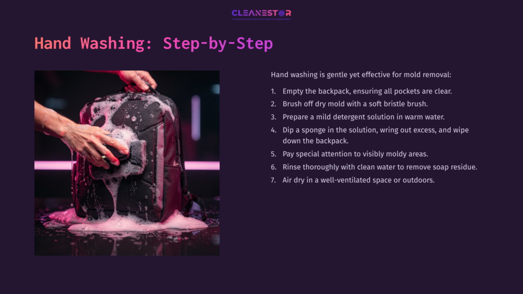 A Backpack Being Washed With A Sponge, Surrounded By Pink Soap Foam, On A Deep Purple Background. Instructions For Cleaning Are Visible.