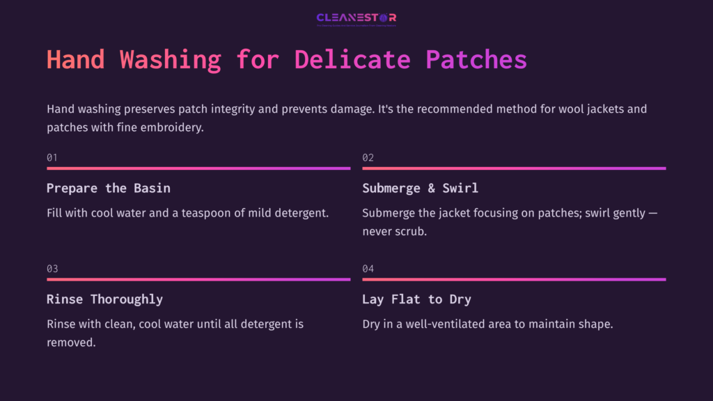 Hand Washing Guide With Purple Background Detailing Steps: Prepare Basin, Submerge Jacket, Rinse Thoroughly, And Lay Flat To Dry.