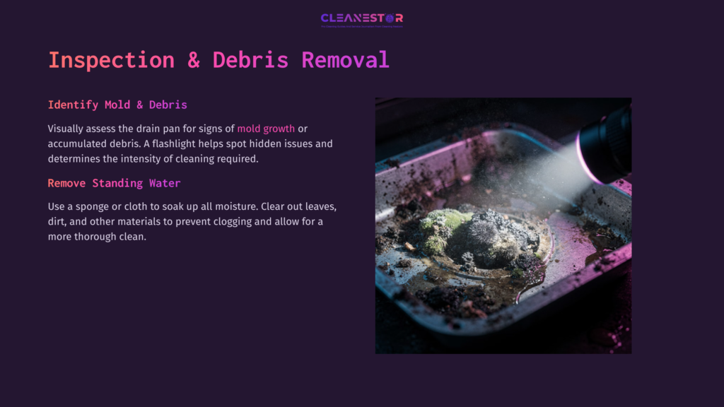 Close-Up Of A Dark Drain Pan With Mold And Debris, Illuminated By A Flashlight; Text Instructions On Cleaning Methods And Moisture Removal.