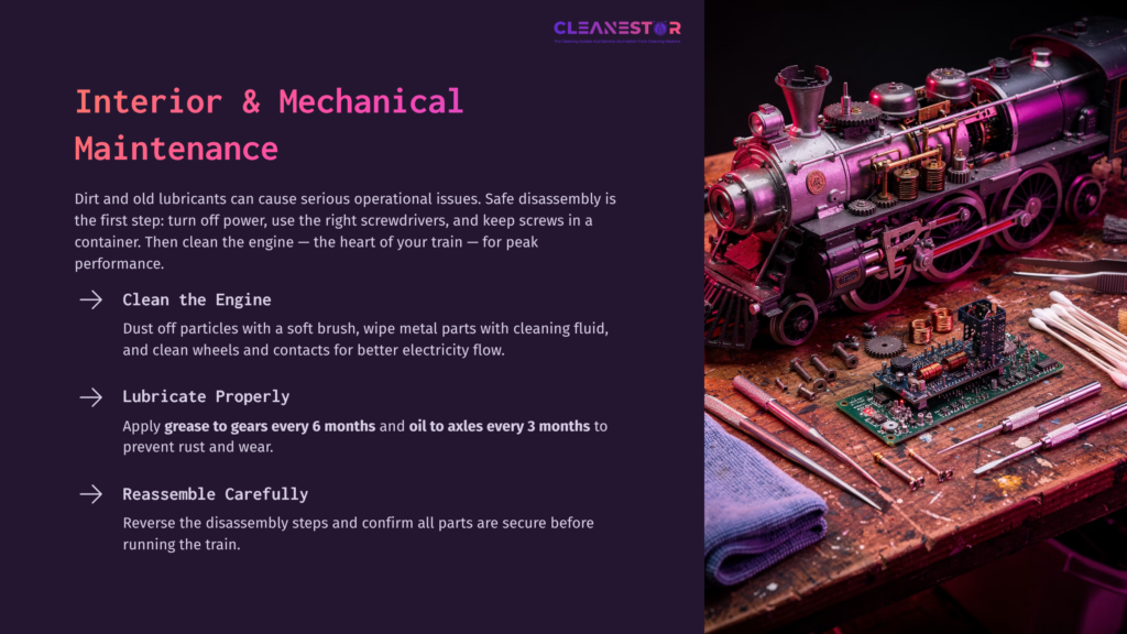 A Vintage Lionel Train Engine Displayed On A Purple Background, With Cleaning Tools And Maintenance Tips Outlining Care Instructions.