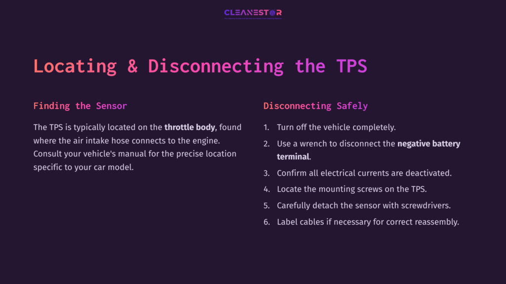 Instructions On Locating And Disconnecting The Throttle Position Sensor, Featuring Bullet Points And A Dark Purple Background.