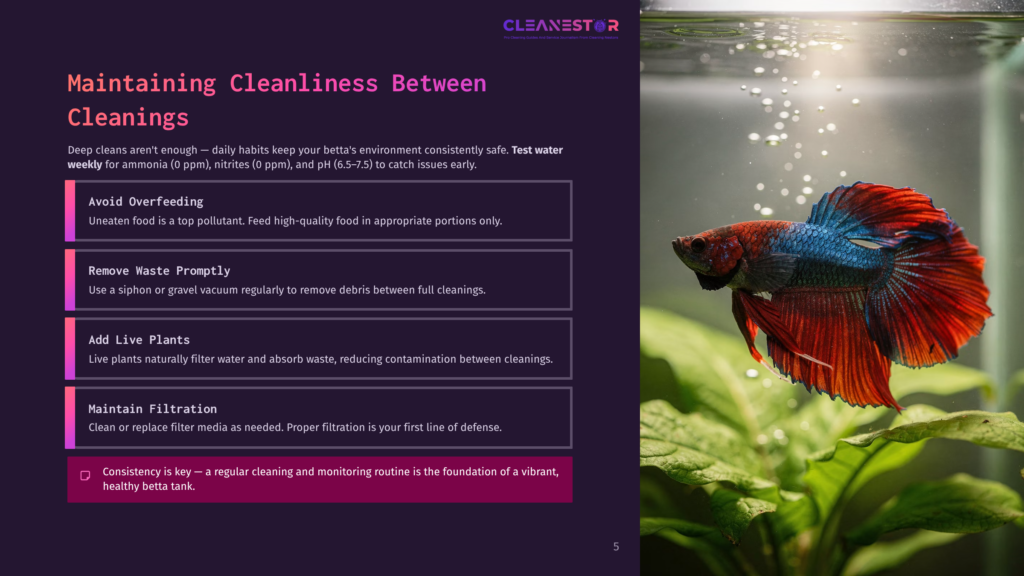 A Vibrant Red And Blue Betta Fish Swims In A Clean Aquarium, With Lush Green Plants And Bubbles In The Background. Text On The Left Details &Quot;Maintaining Cleanliness Between Cleanings&Quot; For Betta Tanks.
