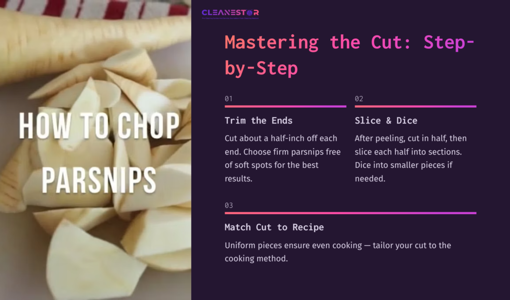 A Wooden Cutting Board With Peeled And Sliced Parsnips, Alongside Steps For Preparation. Background Features A Light Texture.