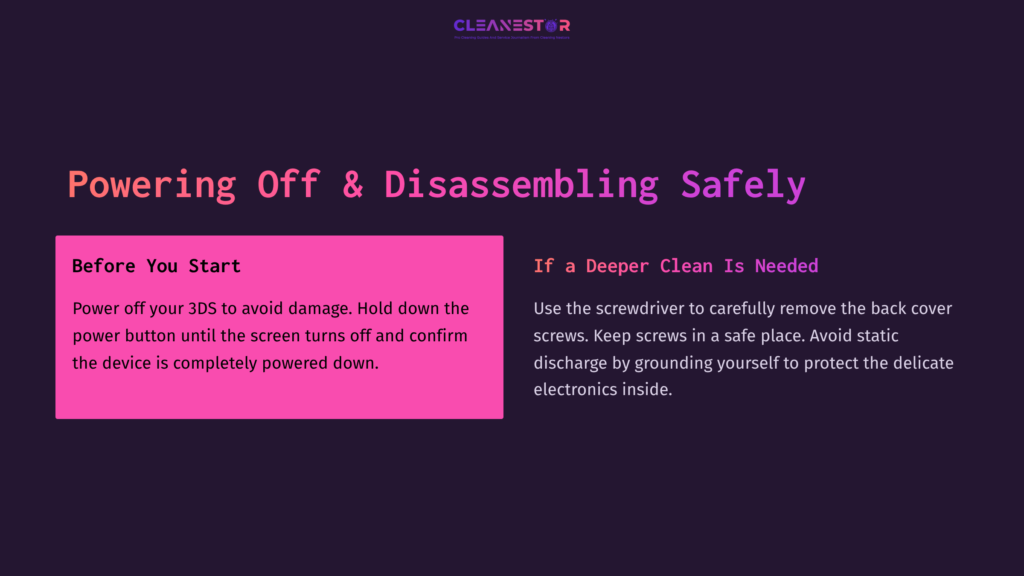 5 Powering Off And Disassembling Safely Text-Based Instructions On A Dark Purple Background, Featuring A Pink Highlighted Box With Guidelines For Safely Powering Off And Disassembling A 3Ds Console.