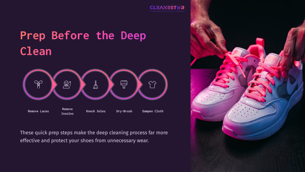 Sneaker Cleaning Guide Featuring Pink-Laced Vapormax Shoes Against A Dark Background, With Prep Steps In Circular Icons Below.