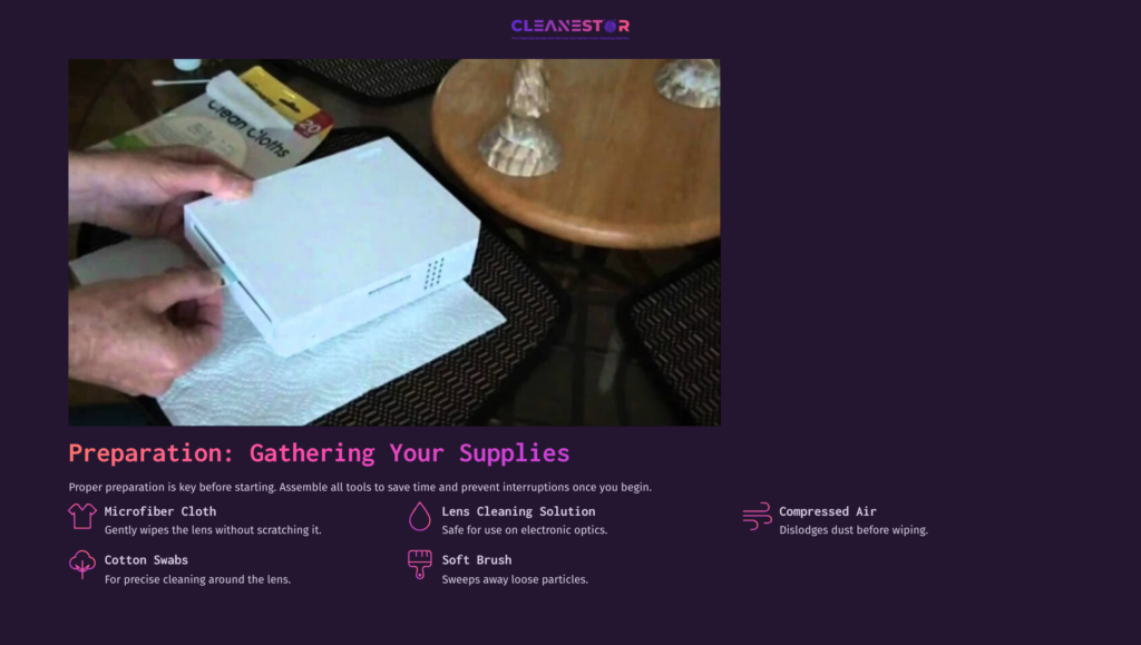 White Wii Console On A Wooden Table, Surrounded By Cleaning Supplies: Microfiber Cloth, Lens Cleaning Solution, And A Soft Brush.