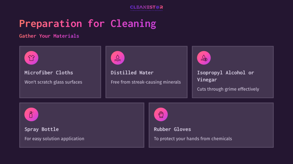 Four Pink-Highlighted Boxes On A Dark Background, Detailing Cleaning Materials: Microfiber Cloths, Distilled Water, Isopropyl Alcohol Or Vinegar, Spray Bottle, And Rubber Gloves.