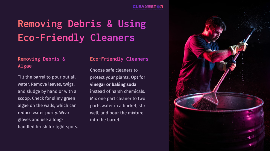 A Person Cleaning A Rain Barrel With A Scoop, Surrounded By Dark Hues; Instructional Text On Eco-Friendly Cleaners And Debris Removal.