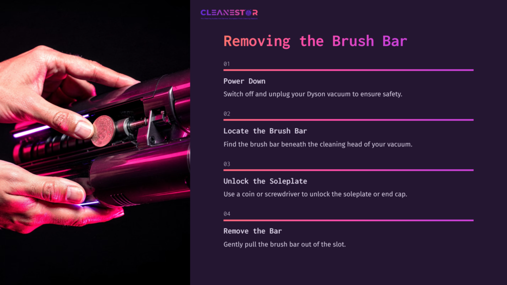 Hand Holding A Dyson Vacuum With The Brush Bar Partially Detached, Alongside Step-By-Step Cleaning Instructions In Bold Text On A Dark Background.