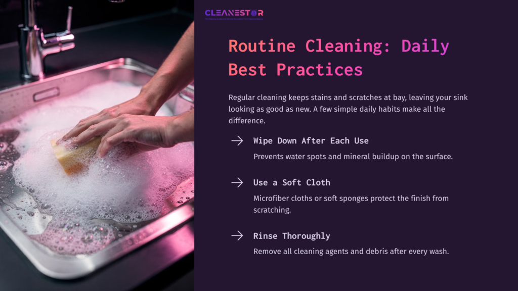 5 Routine Cleaning Daily Best Practices Hands Wiping Down A Stainless Steel Sink With A Soft Cloth, Accompanied By Cleaning Tips On A Dark, Vibrant Background.