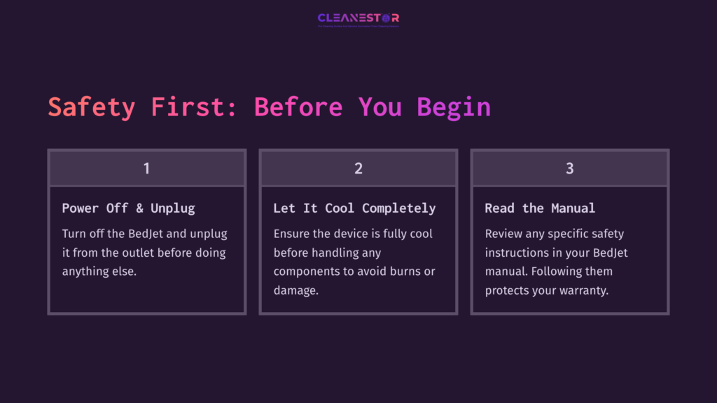 Dark Purple Background With Three White Boxes Containing Safety Tips For Cleaning A Bedjet Filter, Highlighted In Pink Text.