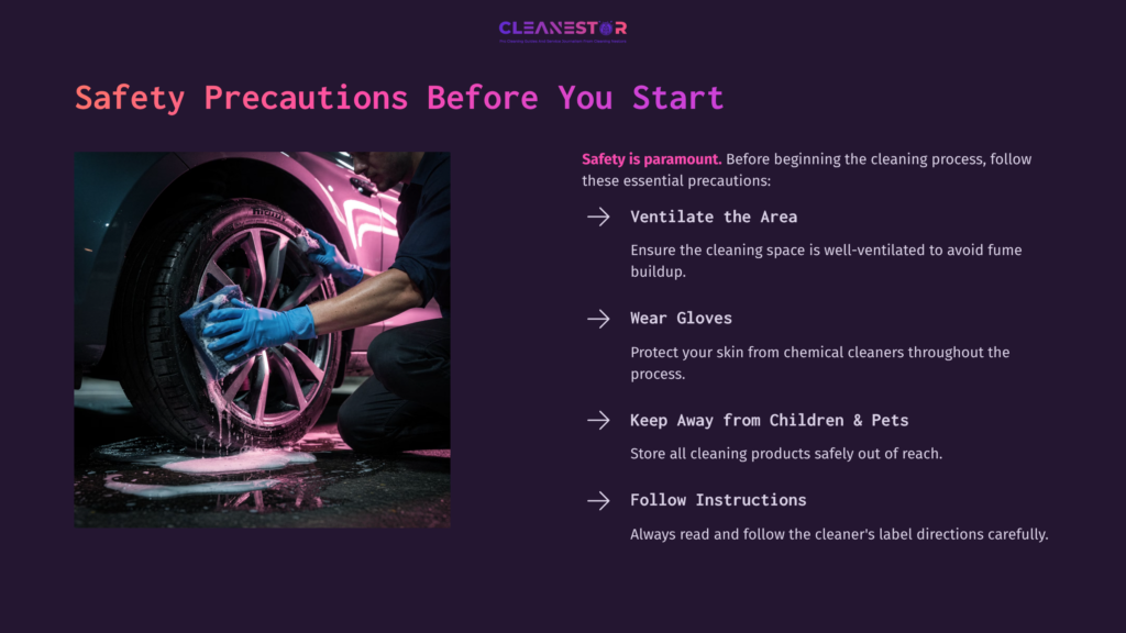 A Person In Blue Gloves Cleans A Tire With A Pink Glow In A Dimly Lit Area, Accompanied By Safety Precautions Listed In White Text.