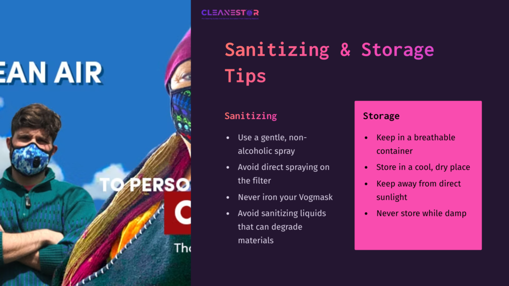 Vibrant Graphic Showing A Person Wearing A Colorful Vogmask, Alongside Tips For Sanitizing And Storing The Mask In Bold Text.