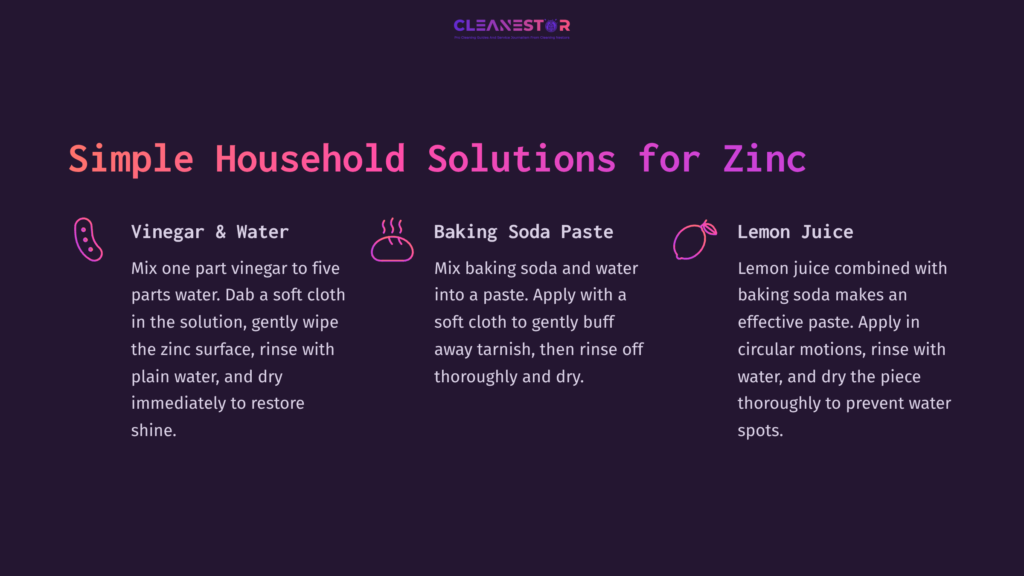 Text On A Dark Purple Background Outlines Household Solutions For Cleaning Zinc: Vinegar, Baking Soda Paste, And Lemon Juice, With Simple Instructions.
