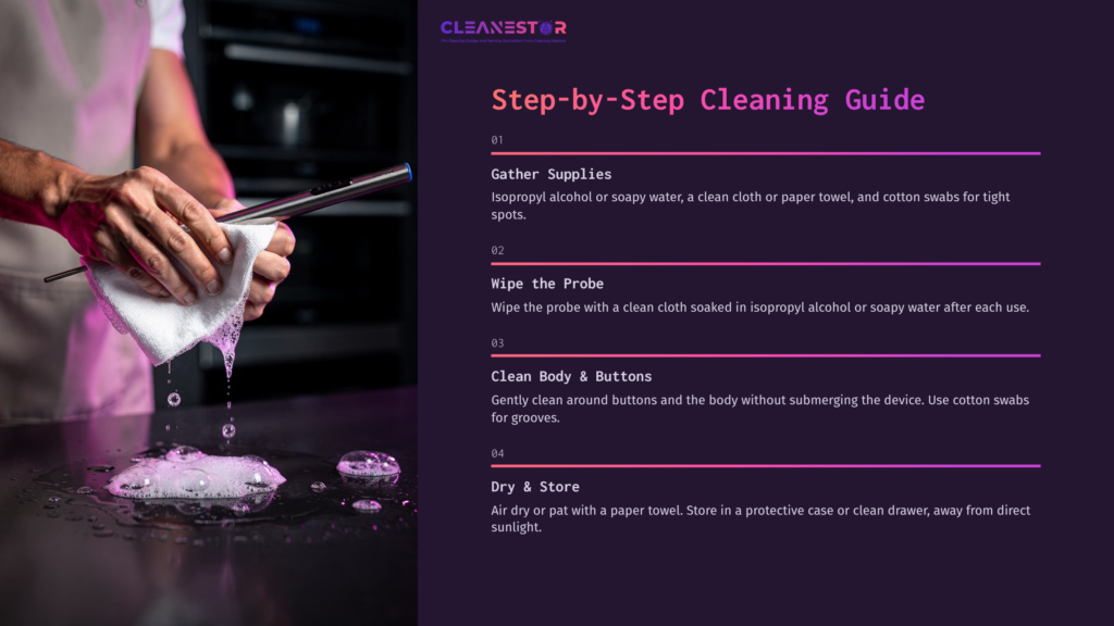 Hand Holding A Meat Thermometer Over A Cloth, With Cleaning Steps Listed Beside It On A Dark Background, Featuring Pink Liquid And Bubbles.