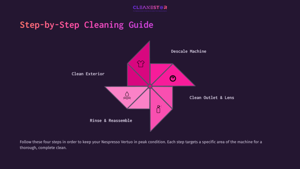 Step-By-Step Guide For Cleaning A Nespresso Vertuo, Featuring A Pink Hexagon Layout With Icons For Each Cleaning Task On A Dark Background.