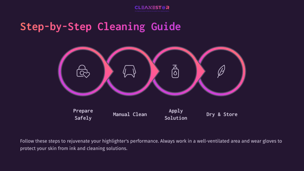 Step-By-Step Cleaning Guide For Highlighters, Featuring Four Icons With Pink And Purple Accents, Outlining Preparation, Cleaning, Applying Solution, And Storage.
