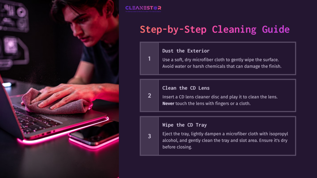 A Young Man Gently Wipes A Gadget With A Microfiber Cloth, Illuminated By Vibrant Pink And Purple Lighting, While Instructional Text Guides Cleaning Steps.