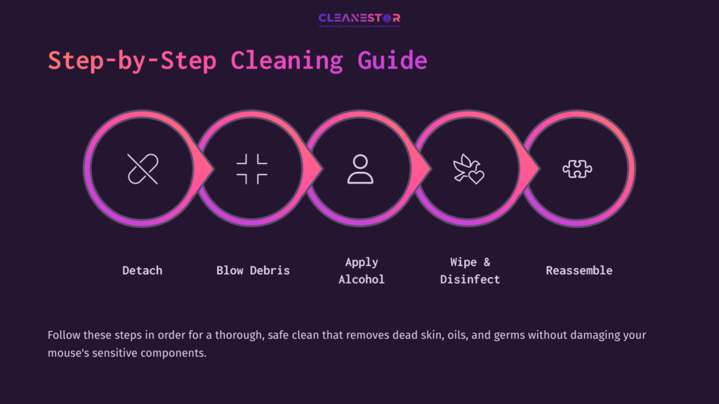 Step-By-Step Guide With Five Circular Icons Illustrating Cleaning Steps For A Mouse: Detach, Blow Debris, Apply Alcohol, Wipe, And Reassemble.