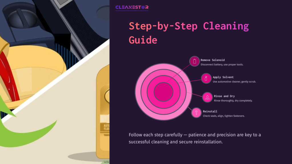 5 Step By Step Cleaning Guide 21 Visual Guide Illustrating A Step-By-Step Cleaning Process For A Shift Solenoid, Featuring Numbered Steps And Colorful Diagrams Against A Dark Background.