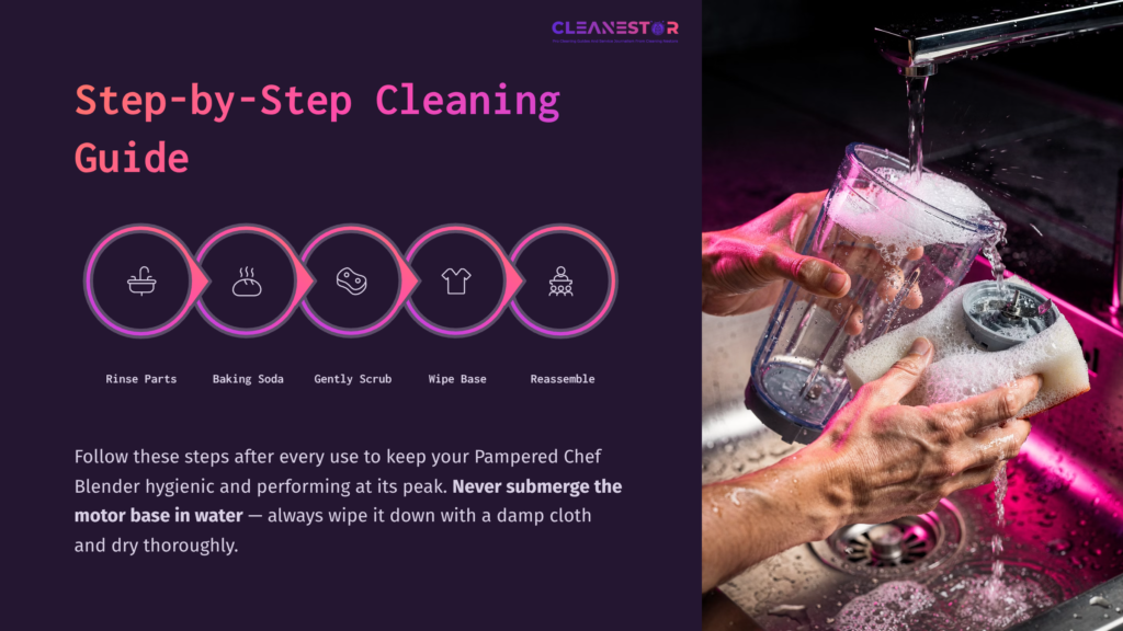 Hands Washing A Glass Container Under Running Water, With Soapy Bubbles Visible; Surrounded By Text Instructions For Cleaning A Pampered Chef Blender.