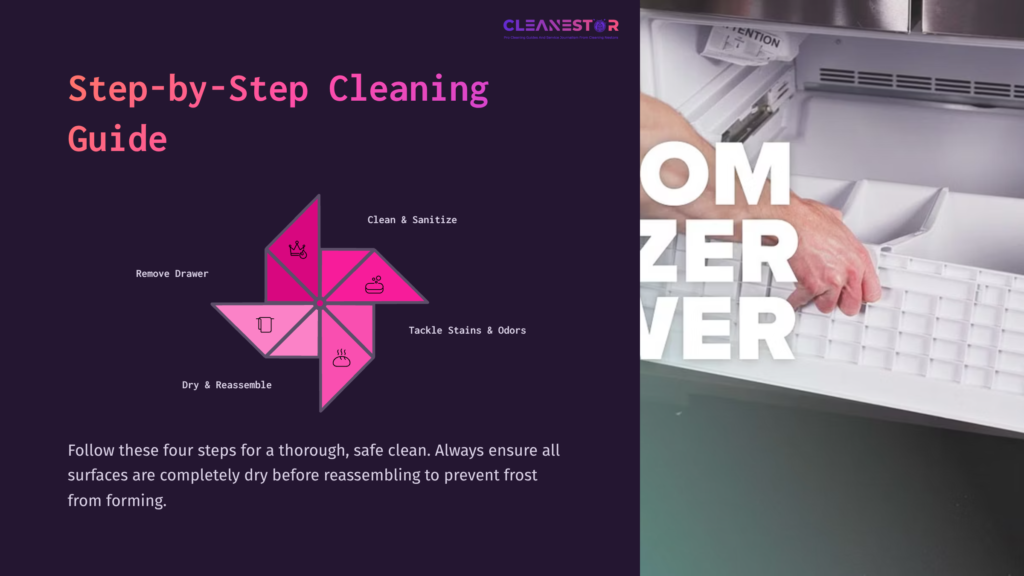 5 Step By Step Cleaning Guide 8 Graphic Showing A Step-By-Step Cleaning Guide For A Freezer Drawer, Featuring Pink Icons For Cleaning Tasks And A Hand Cleaning The Drawer.