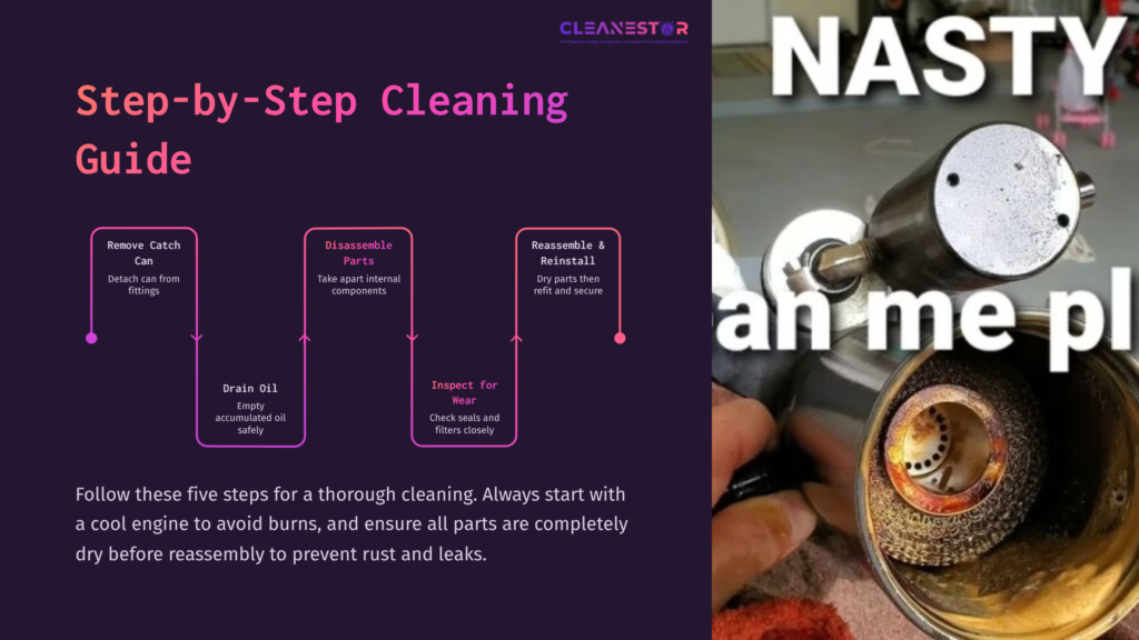 Step-By-Step Cleaning Guide For An Oil Catch Can, Featuring A Diagram On The Left And A Close-Up Of A Dirty Catch Can On The Right.