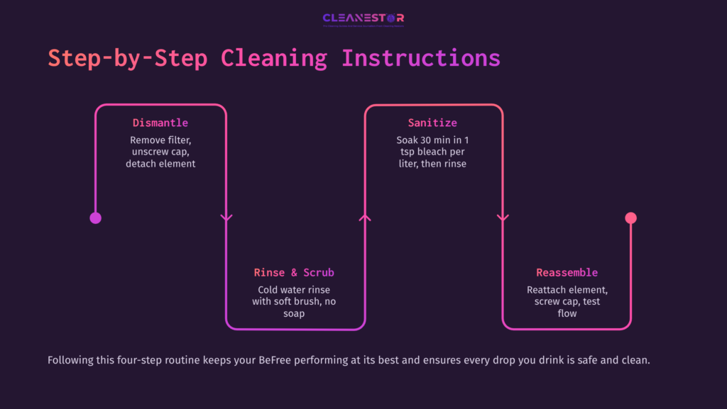 Step-By-Step Cleaning Instructions For A Katadyn Befree Water Filter, Featuring Four Clear Steps With Distinct Icons And A Dark Background.