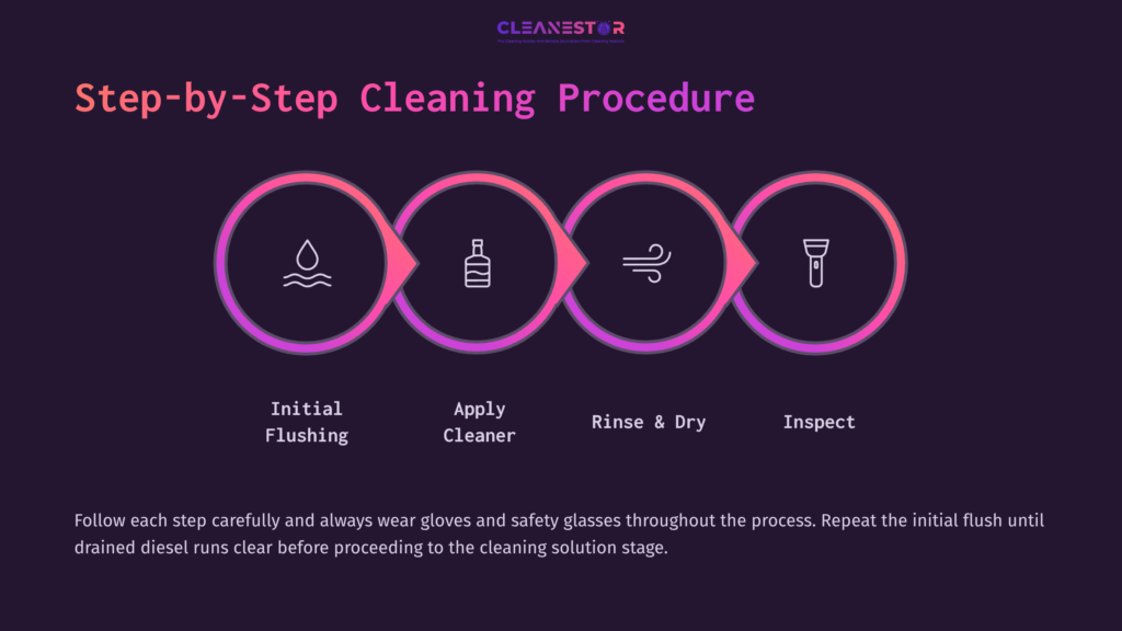 5 Step By Step Cleaning Procedure Step-By-Step Guide For Cleaning A Fuel Tank, Featuring Icons For Flushing, Applying Cleaner, Rinsing, And Inspecting.