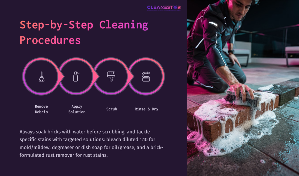 Dark Layout With Cleaning Instructions. A Person Scrubs Landscaping Bricks With Suds, Surrounded By Circular Graphic Steps For Cleaning.