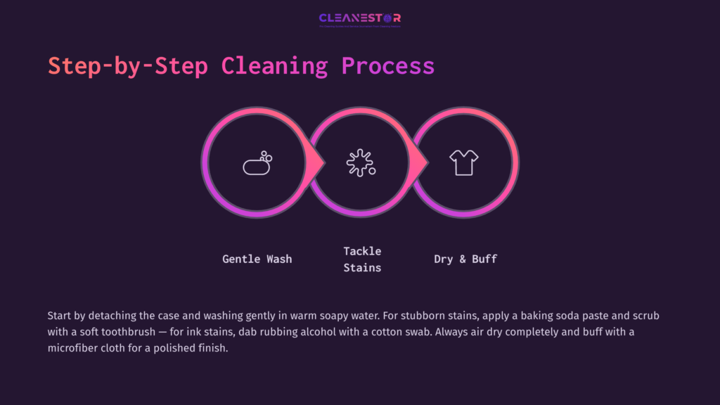 Step-By-Step Guide On Cleaning Clear Phone Cases, Featuring Icons For Washing, Tackling Stains, And Drying, With Vibrant Pink And Purple Accents.