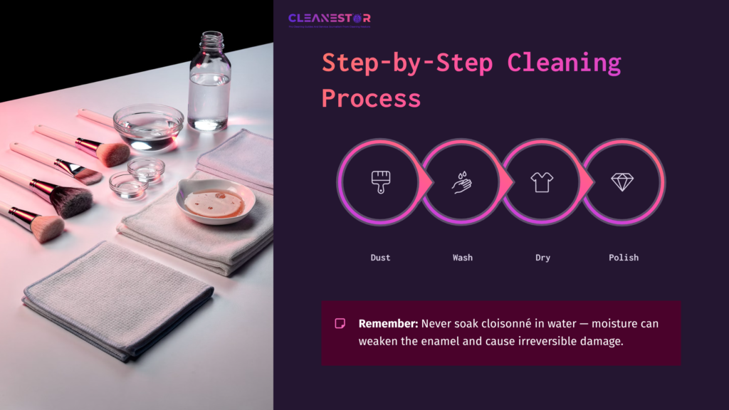 Cloisonné Cleaning Guide: Brushes, Cloths, And A Glass Bottle On A Surface With Purple And Pink Lighting, Including A Reminder Note.