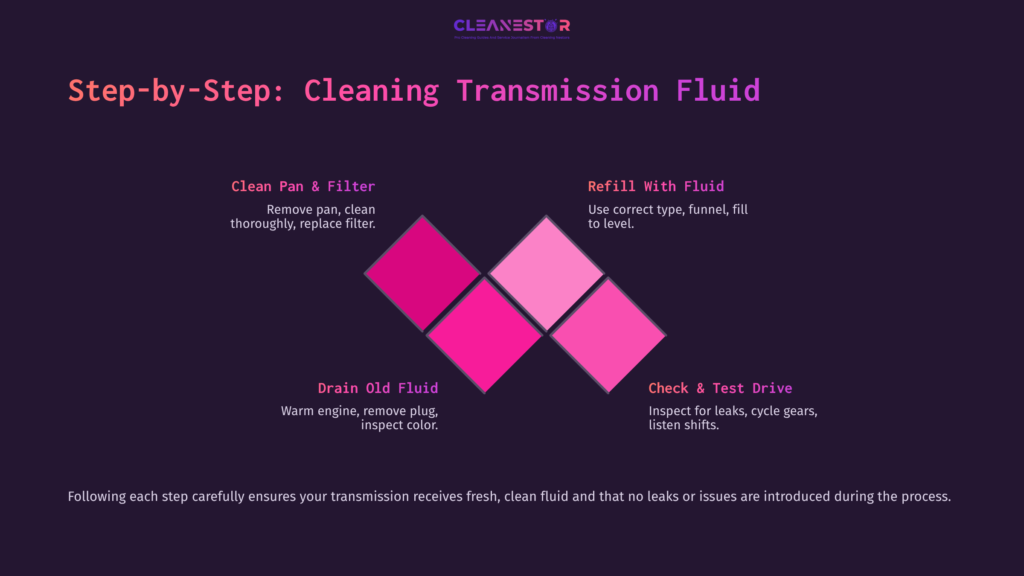 Step-By-Step Guide On Cleaning Transmission Fluid With Four Pink Diamond Sections Detailing Tasks: Cleaning, Refilling, Draining, And Testing.
