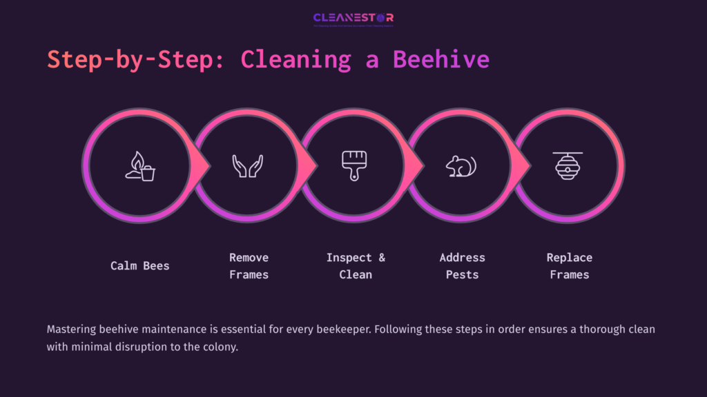 Infographic Outlining Five Steps To Clean A Beehive: Calming Bees, Removing Frames, Inspecting, Addressing Pests, And Replacing Frames.