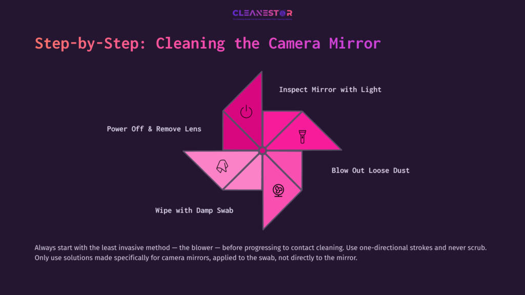 Infographic Detailing Camera Mirror Cleaning Steps, Featuring A Pink And Purple Layout With Icons For Inspection, Dust Removal, And Wiping.