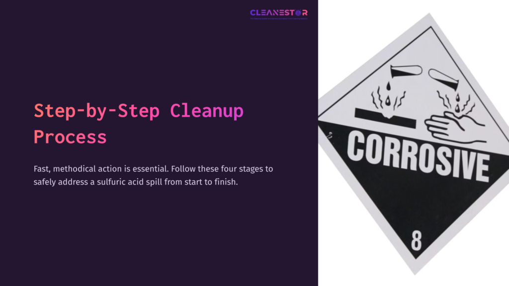 5 Step By Step Cleanup Process Purple Background With White Text Outlining A Step-By-Step Cleanup Process, Alongside A Black And White Warning Sign Labeled &Quot;Corrosive.&Quot;