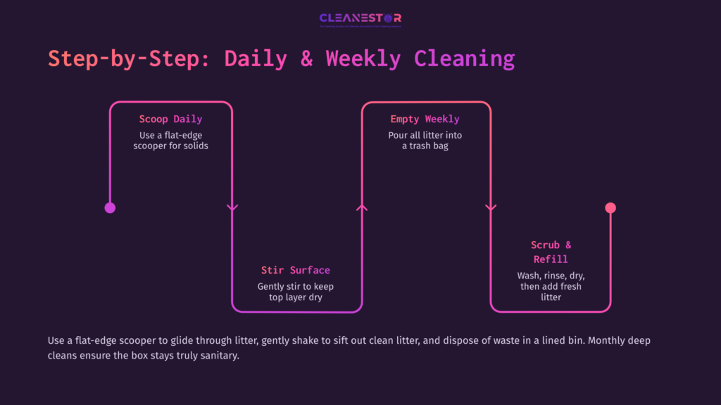 Flowchart Illustrating Daily And Weekly Cleaning Steps For Non-Clumping Litter, With Pink Text And Arrows On A Dark Background.