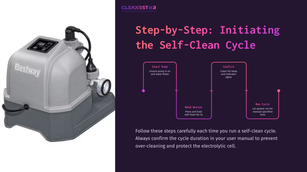 Gray Saltwater System Unit With A Control Panel, Surrounded By Instructional Text In Purple Detailing Self-Cleaning Steps.