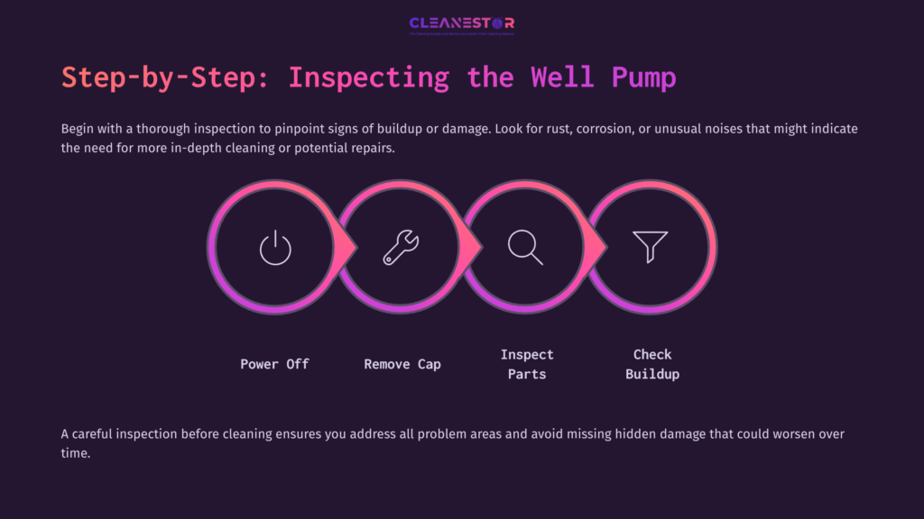 Step-By-Step Guide On Inspecting A Well Pump, Featuring Icons For Power Off, Wrench, Inspect Parts, And Funnel, With A Dark Background.