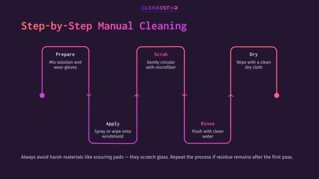 Flowchart Outlining A Step-By-Step Process For Cleaning Smoke Residue From Windshields, Featuring Pastel Colors On A Dark Background.