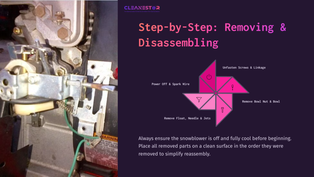 5 Step By Step Removing And Disassembling Detailed View Of A Snowblower Carburetor With Tools, Screws, And Instructions For Disassembly, Set Against A Dark Background.