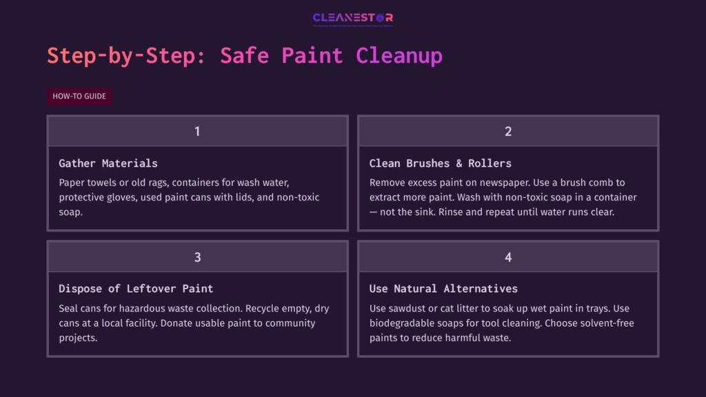 Step-By-Step Guide With Four Sections On Safe Paint Cleanup: Materials, Brush Cleaning, Paint Disposal, And Natural Alternatives, Against A Dark Background.