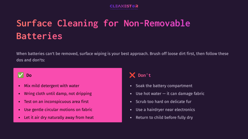 5 Surface Cleaning For Non Removable Batteries 1 Bright Pink And Purple Text Lays Out Do'S And Don'Ts For Cleaning Stuffed Animals With Batteries, On A Dark Background.