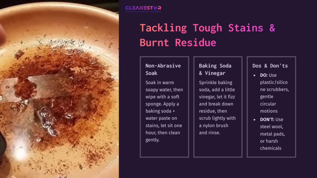 5 Tackling Tough Stains And Burnt Residue A Close-Up Of A Stained Skillet Showing Burnt Residue, With A Metal Scrubber On The Left, And Text Instructions On Cleaning Methods.